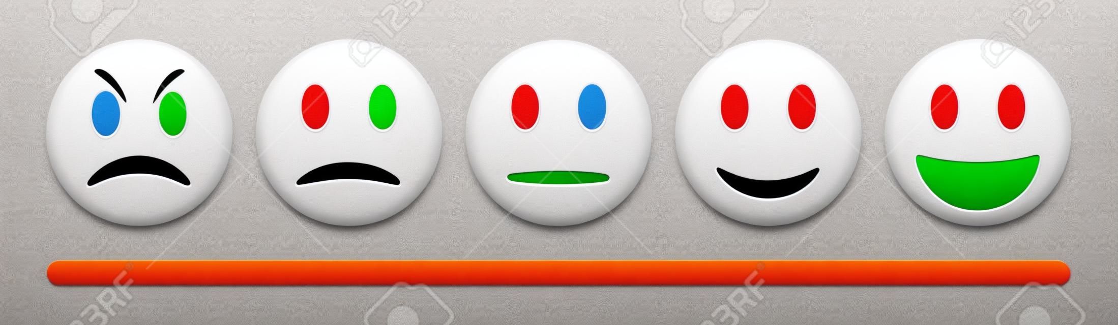 Escala de feedback de emoção do vetor no fundo branco. Conjunto de emoticon irritado, triste, neutro e feliz. Vermelho brilhante, laranja, amarelo e verde engraçado desenho animado ícone Emoji. Ilustração 3D