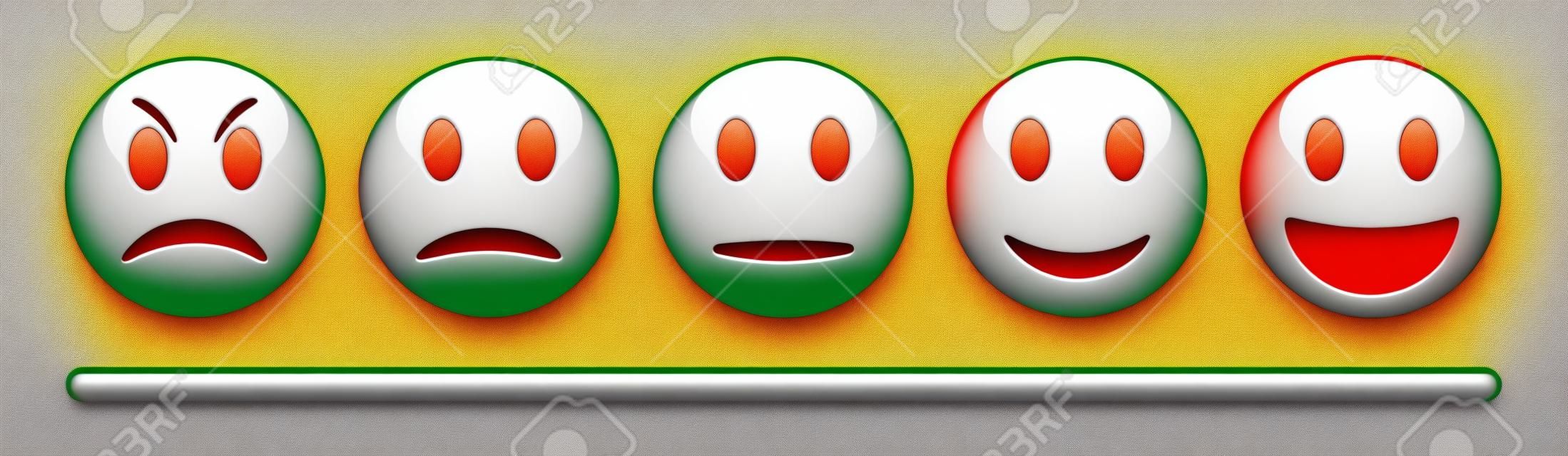 传染媒介情感在白色背景的反馈标度。愤怒，悲伤，中立和快乐的图释集。有光泽的红色，橙色，黄色和绿色有趣的卡通表情图标。 3D插图