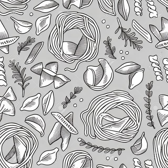 Handgetrokken pasta naadloos vector patroon. Spaghetti en andere soorten pasta vector illustratie. Line art. Hand getekend zwart en wit pasta collectie.