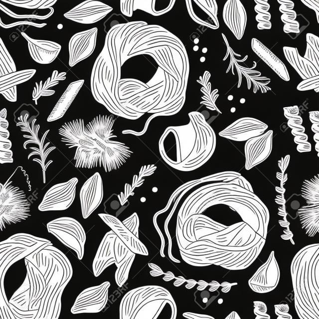 Hand drawn pasta seamless vector pattern. Spaghetti and other kinds of pasta vector illustration. Line art. Hand drawn black and white pasta collection.