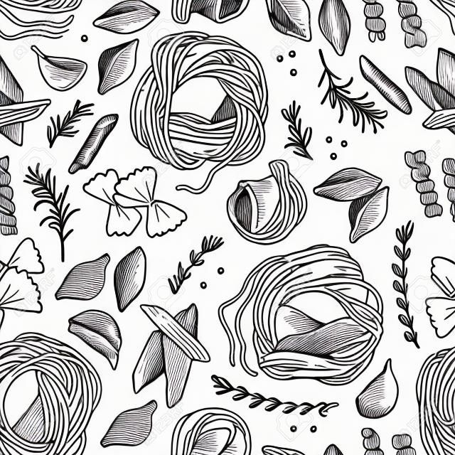 Handgetrokken pasta naadloos vector patroon. Spaghetti en andere soorten pasta vector illustratie. Line art. Hand getekend zwart en wit pasta collectie.