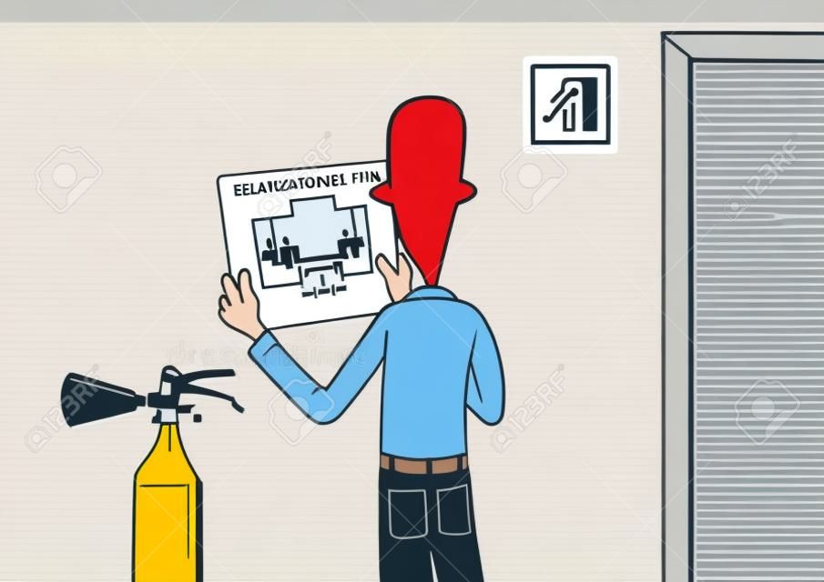 Evakuálási tervek és tűzvédelmi extinguishe. Vektoros illusztráció egy ember leteszi a kiürítési tervet a irodafal