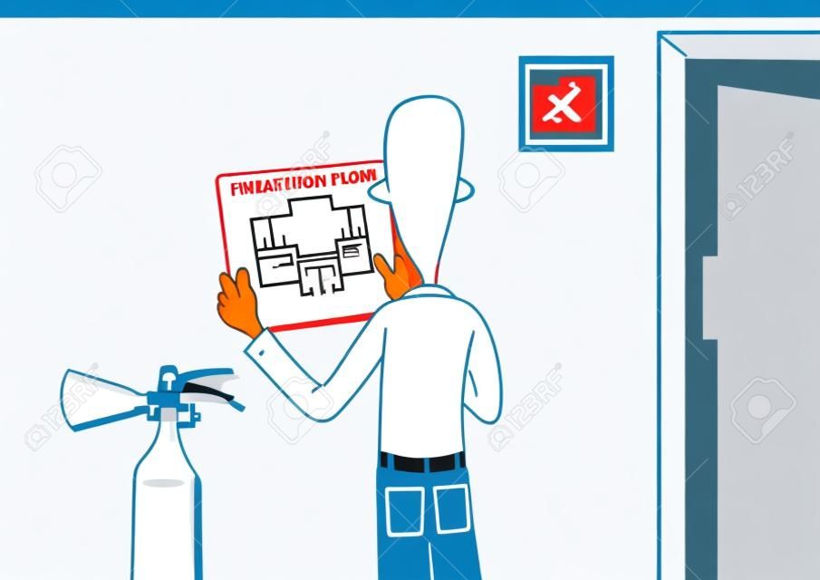避難計画・火 extinguishe。オフィスの壁のための避難計画をハングアップする男のベクトル イラスト