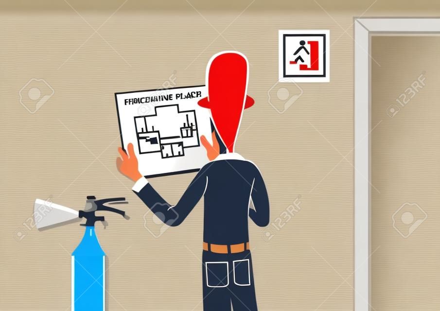 Les plans d'évacuation et le feu extinguishe. Vector illustration d'un homme raccroche le plan d'évacuation pour le mur de bureau
