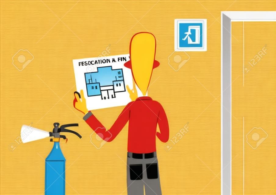 Plany ewakuacyjne i extinguishe pożar. ilustracji wektorowych z mężczyzną odkłada plan ewakuacji na ścianie biura