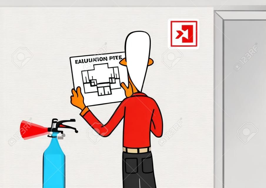 Plany ewakuacyjne i extinguishe pożar. ilustracji wektorowych z mężczyzną odkłada plan ewakuacji na ścianie biura