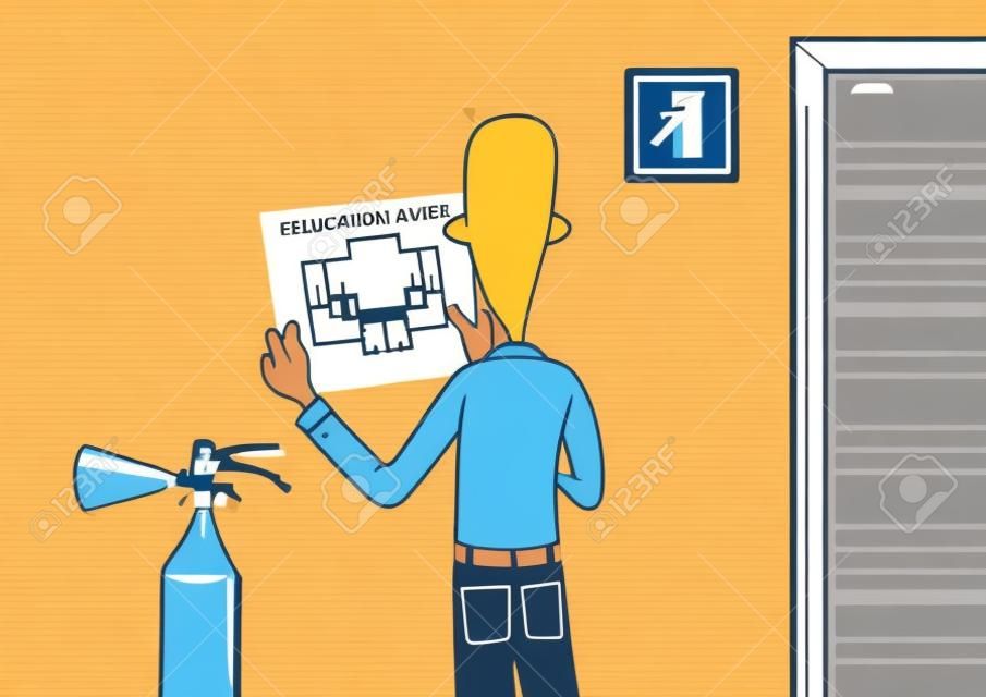 Evakuálási tervek és tűzvédelmi extinguishe. Vektoros illusztráció egy ember leteszi a kiürítési tervet a irodafal