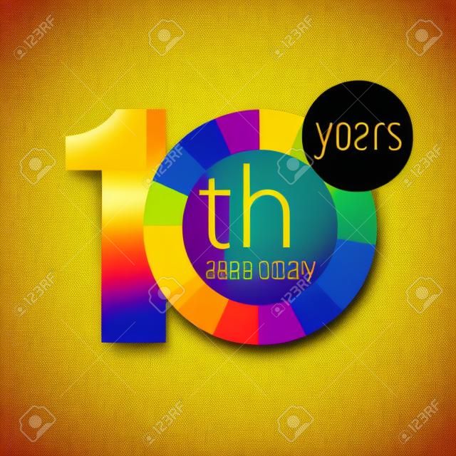 10 years old round logo. Anniversary year of 10 th vector chart template medal. Birthday greetings circle celebrates. Celebrating numbers. Colorful digits. Figures of ages, cut sections. Letter O yellow.