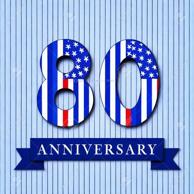 Jubiläum 80 US-Logo. Schablone des Feierns gratulieren 80. Lokalisierte Zahlen im traditionellen Stil auf gestreiftem abstraktem blauem Hintergrund. Vereinigte Staaten Patriotgrüße oder -aufkleber, acht.