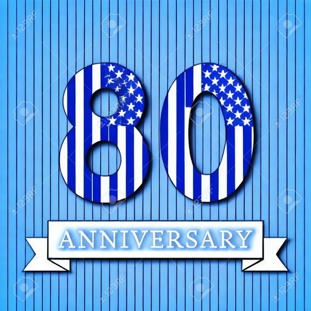 Logotyp Anniversary 80 US. Szablon świętowania z gratulacjami 80 tys. Odosobnione liczby w tradycyjnym stylu na pasiastym abstrakcjonistycznym błękitnym tle. Amerykańskie patriotyczne pozdrowienia lub naklejki, osiem.
