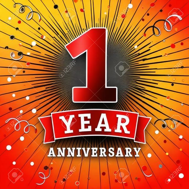 1 year anniversary logo celebration card. 1st year anniversary vector background with red ribbon and confetti on yellow flash radial lines