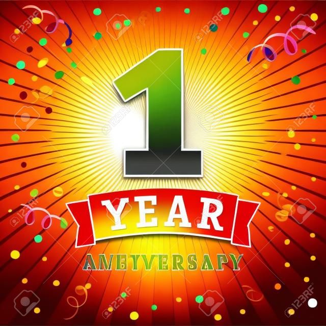 1 év jubileum logo ünnepi kártya. 1. évfordulója vektoros háttér piros szalaggal és konfettivel a sárga sugárirányú sugárzással