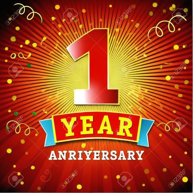 1 év jubileum logo ünnepi kártya. 1. évfordulója vektoros háttér piros szalaggal és konfettivel a sárga sugárirányú sugárzással