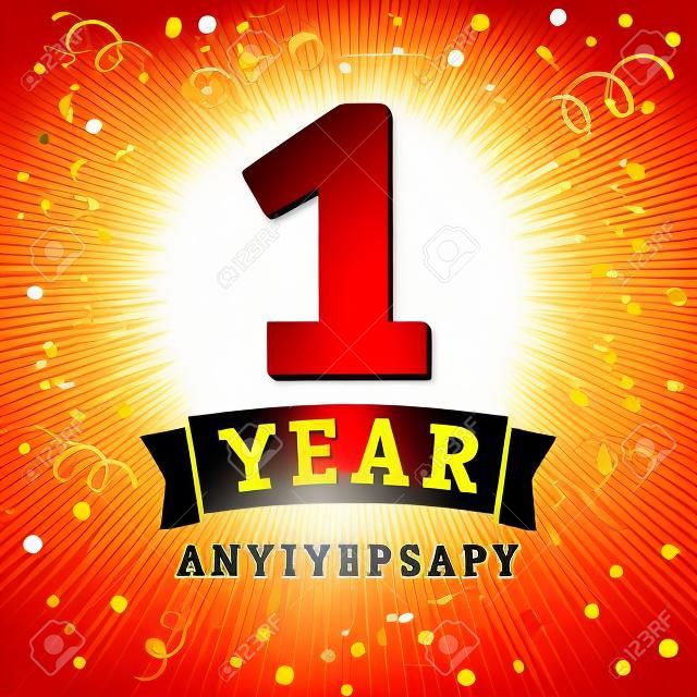 1 год годовщина логотип карта праздника. 1-летний юбилей вектор фон с красной лентой и конфетти на желтой вспышке радиальные линии