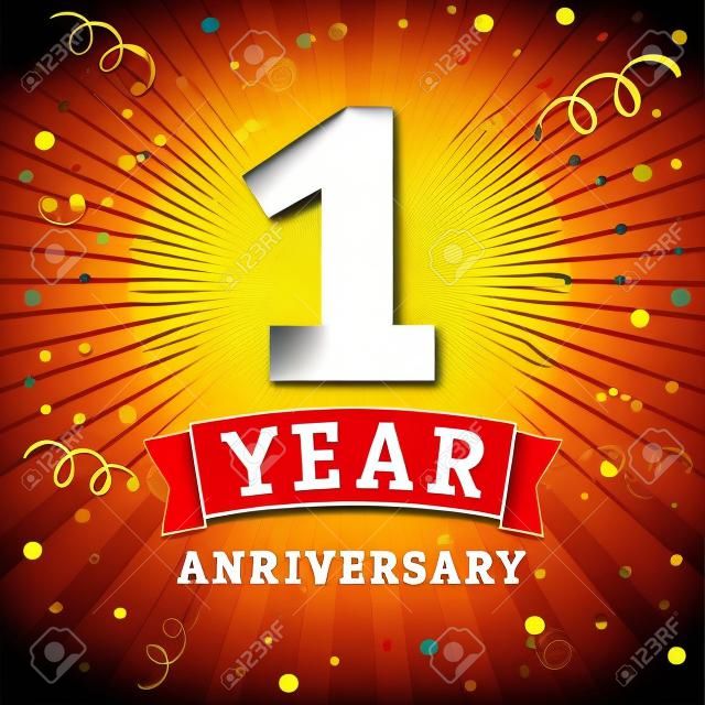 1 год годовщина логотип карта праздника. 1-летний юбилей вектор фон с красной лентой и конфетти на желтой вспышке радиальные линии