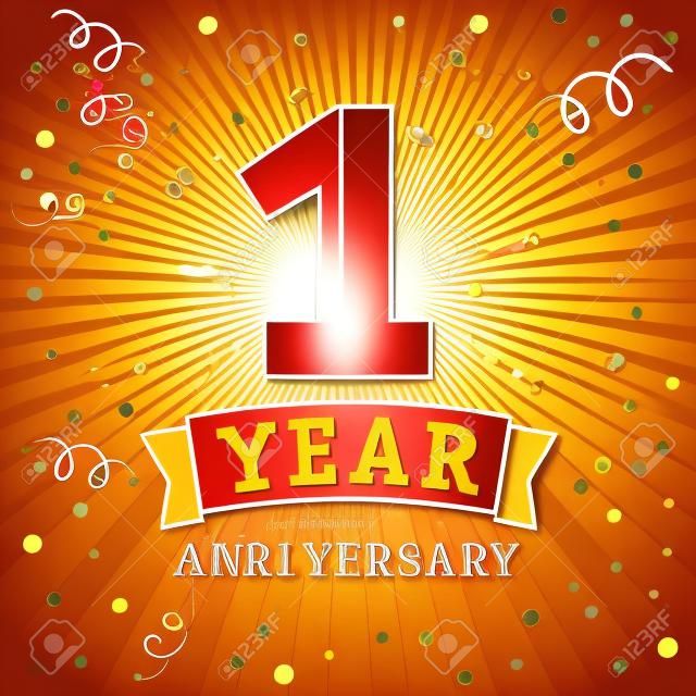 Carta di celebrazione logo 1 anno anniversario. Priorità bassa di vettore di 1 ° anno anniversario con nastro rosso e coriandoli su linee radiali flash gialli
