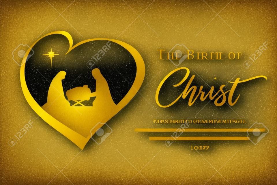 Escena navideña del niño Jesús en el pesebre con la silueta de María y José en el corazón. Natividad cristiana con letras El nacimiento de Cristo y texto de la Biblia Lucas 2: 7, banner de vector