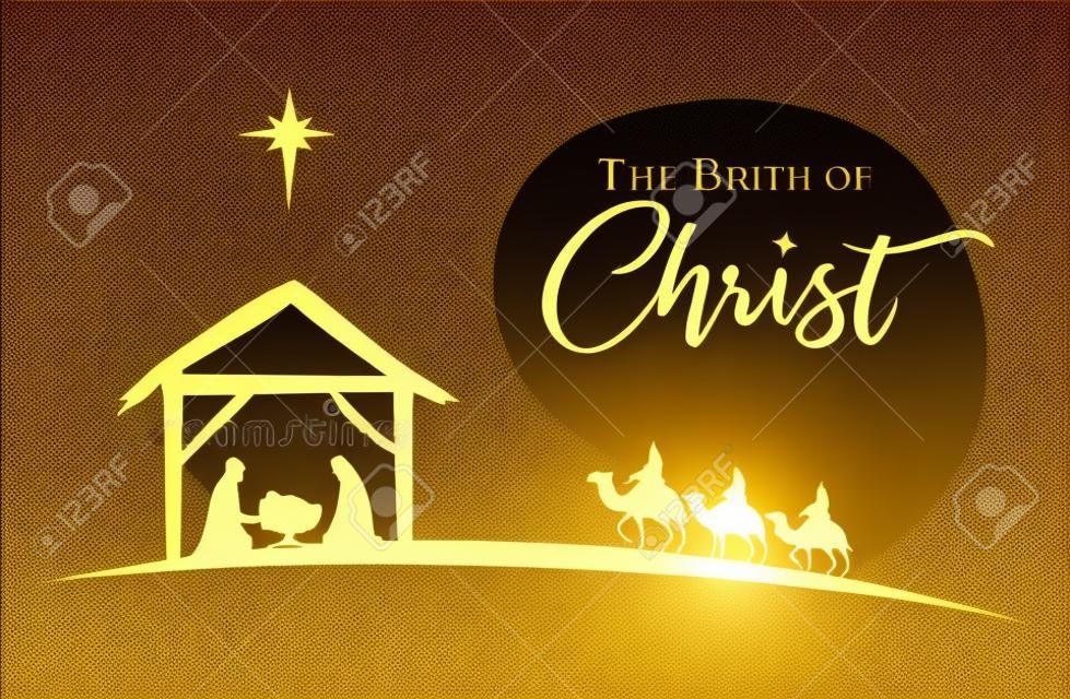 Narodziny Chrystusa, szopka Dzieciątka Jezus w żłobie. święta rodzina, trzech mądrych królów i gwiazda betlejemska, projekt transparentu. wektor boże narodzenie złota ilustracja sylwetka mary i józef