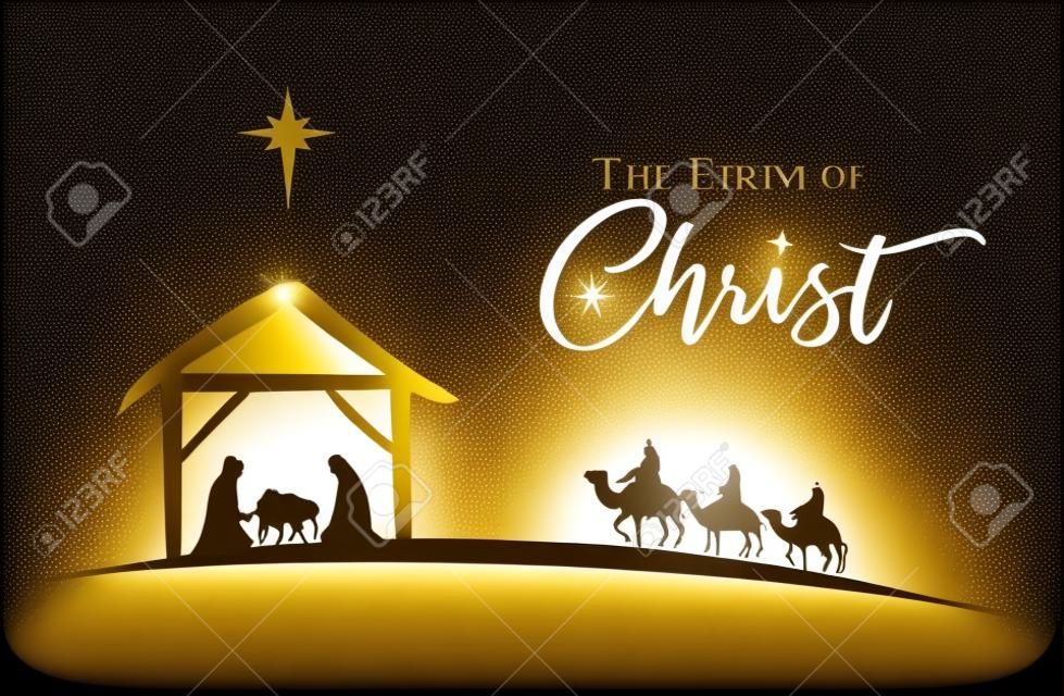 La nascita di Cristo, presepe di Gesù bambino nella mangiatoia. Sacra famiglia, tre re saggi e stella di Betlemme, stendardo. Siluetta dorata dell'illustrazione di Natale di vettore Maria e Giuseppe