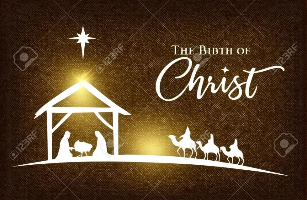 The birth of Christ, Nativity scene of baby Jesus in the manger. Holy family, three wise kings and star of Bethlehem, banner design. Vector Christmas golden illustration silhouette Mary and Joseph