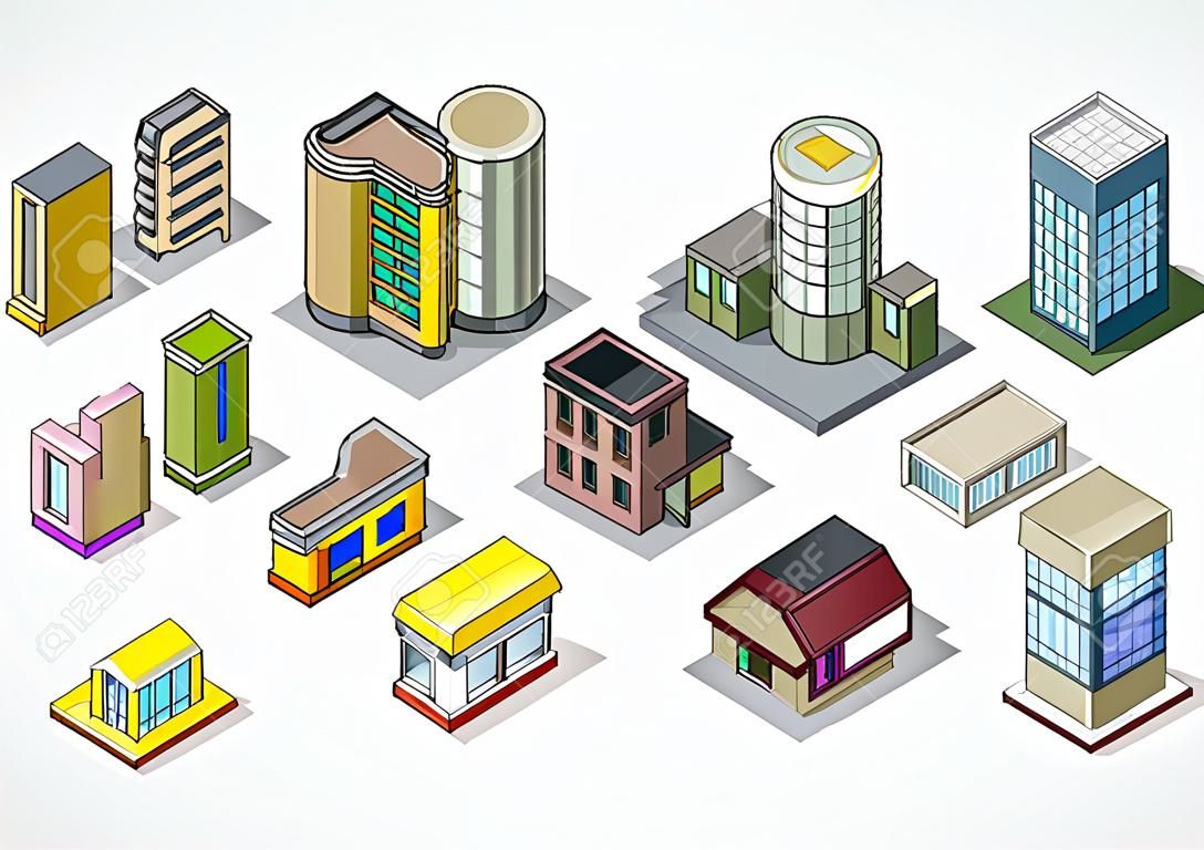 Pixels Art illustration of  isometric buildings