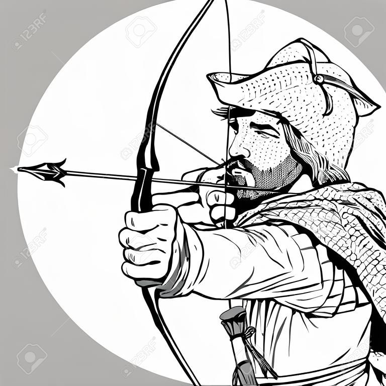 Robin Hood aiming on target. Robin Hood standing with bow and arrows. Defender of weak. Medieval legends. Heroes of medieval legends. Halftone background.