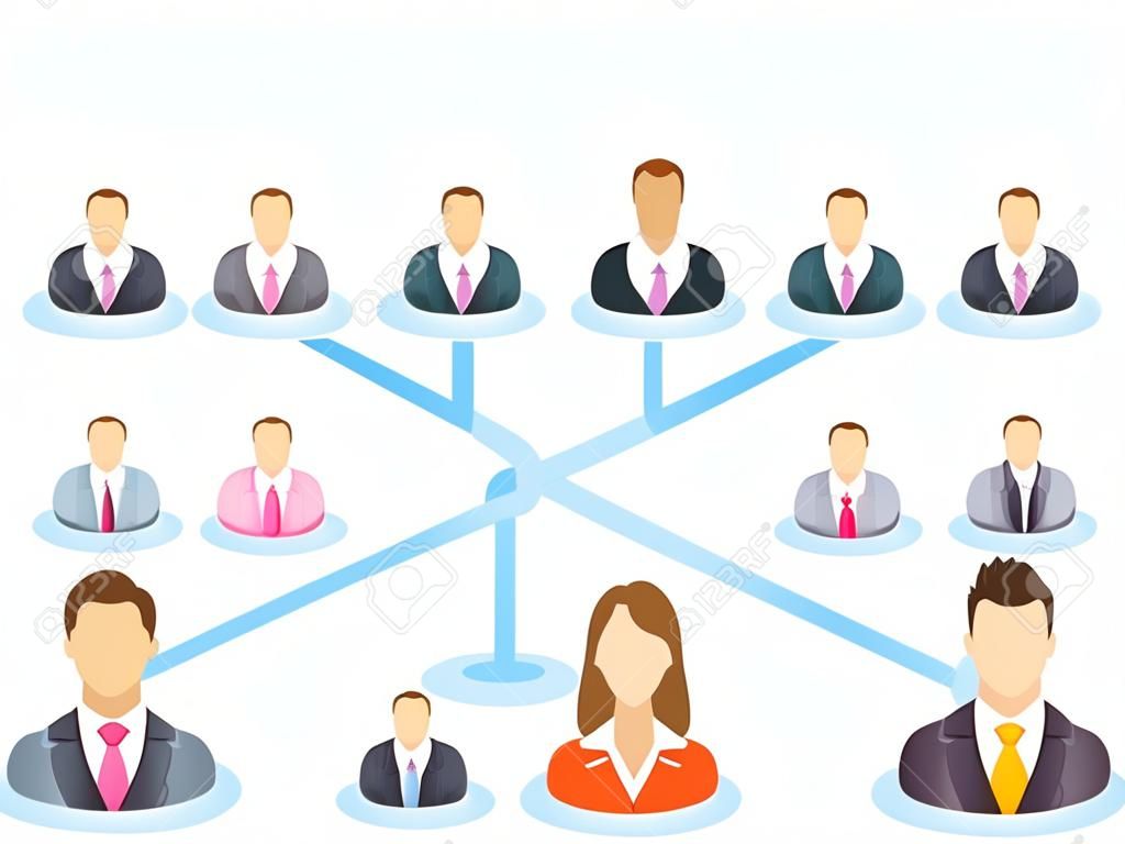 团队合作流程图。公司组织结构图与商务人士图标。分级组织管理系统。公司业务结构扁平化。传染媒介例证。