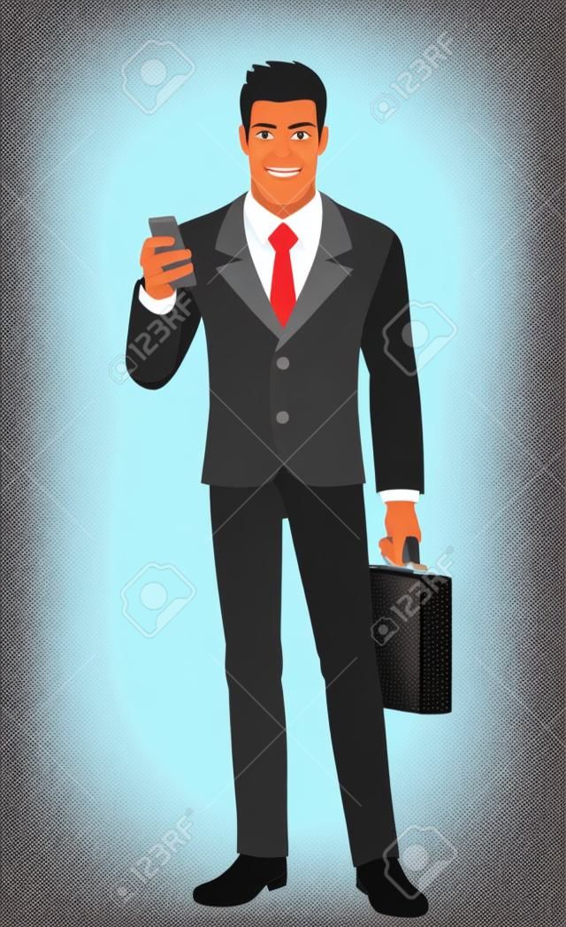 Hombre de negocios con teléfono móvil y maletín. Retrato de longitud completa del hombre de negocios negro en un estilo plano. Ilustración vectorial