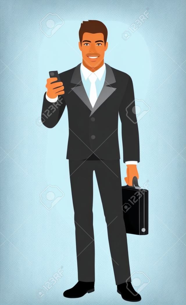 Zakenman met mobiele telefoon en aktetas. Volledig portret van Black Business Man in een platte stijl. Vector illustratie.