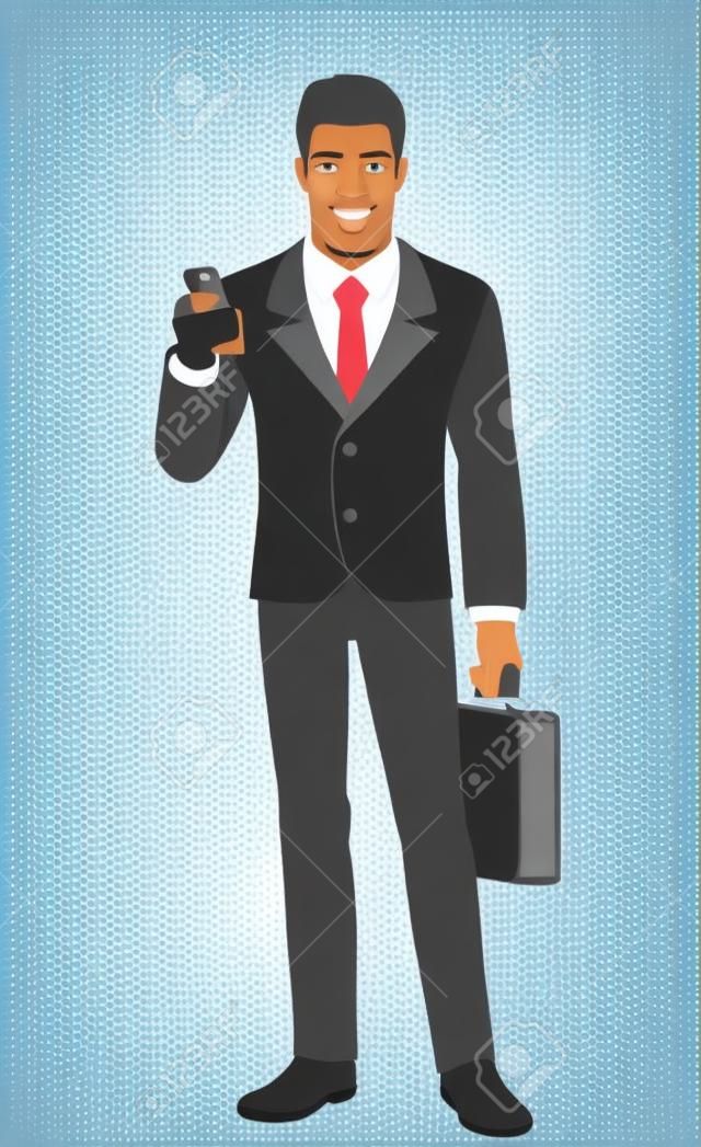 Hombre de negocios con teléfono móvil y maletín. Retrato de longitud completa del hombre de negocios negro en un estilo plano. Ilustración vectorial