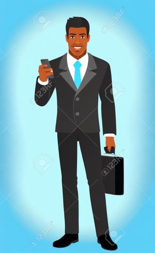 Zakenman met mobiele telefoon en aktetas. Volledig portret van Black Business Man in een platte stijl. Vector illustratie.