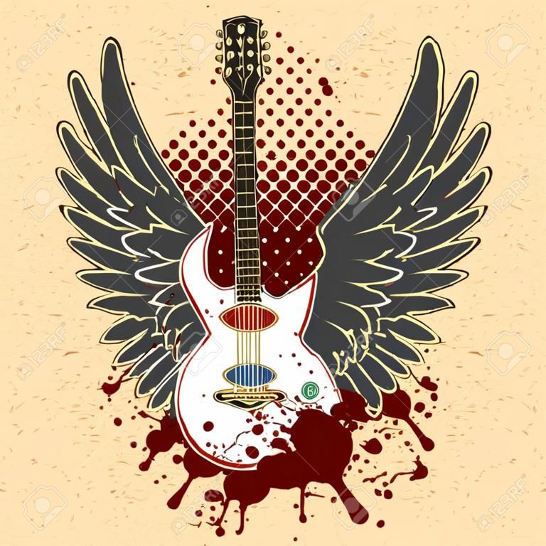 La imagen del vector de la etiqueta engomada en la camiseta la imagen de una guitarra de las alas