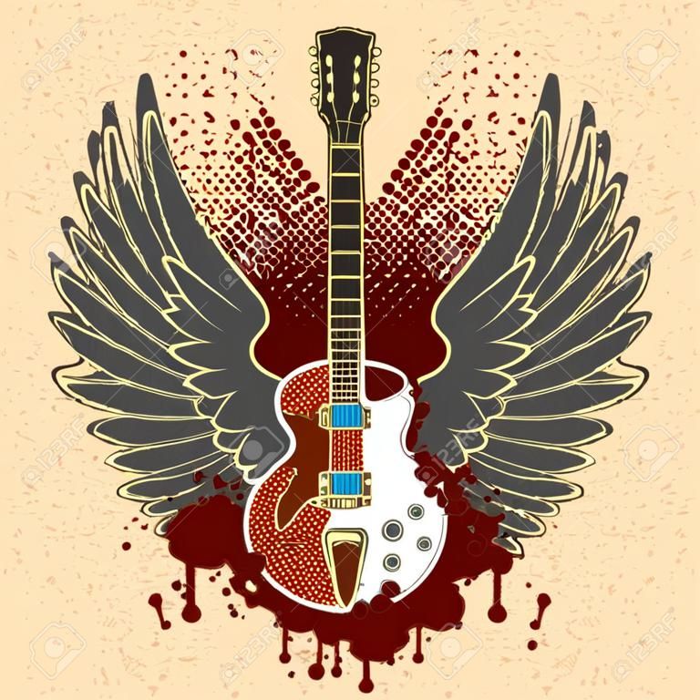 La imagen del vector de la etiqueta engomada en la camiseta la imagen de una guitarra de las alas