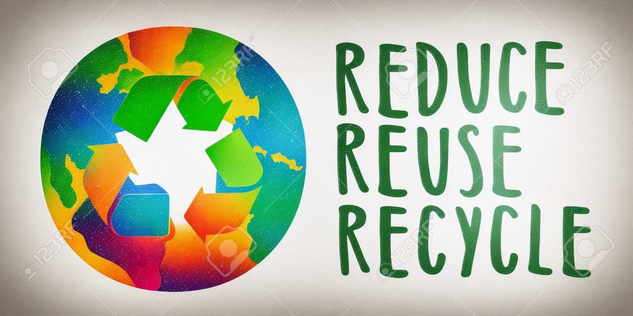 Reduce reuse recycle lettering and Earth sign. Vector hand drawn illustration