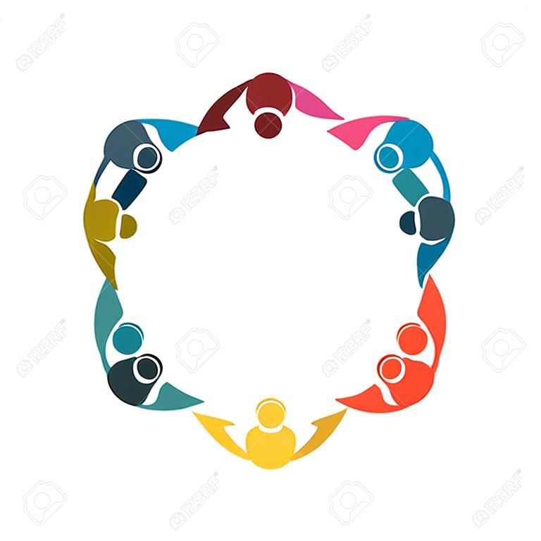 Group of ten persons in circle. holding hands.The summit workers are meeting in the same power room. Vector illustration.