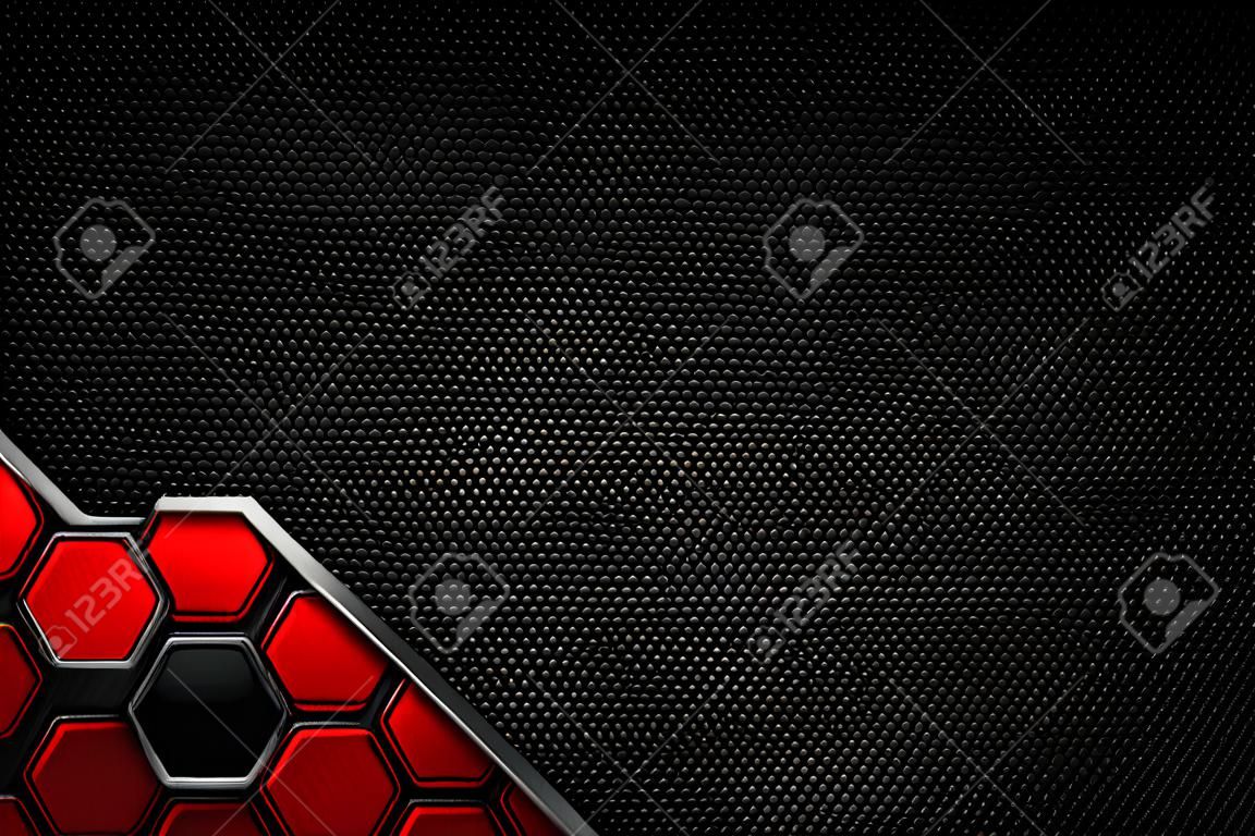 red hexagon and black carbon fiber and chromium frame. metal background. material design. 3d illustration.
