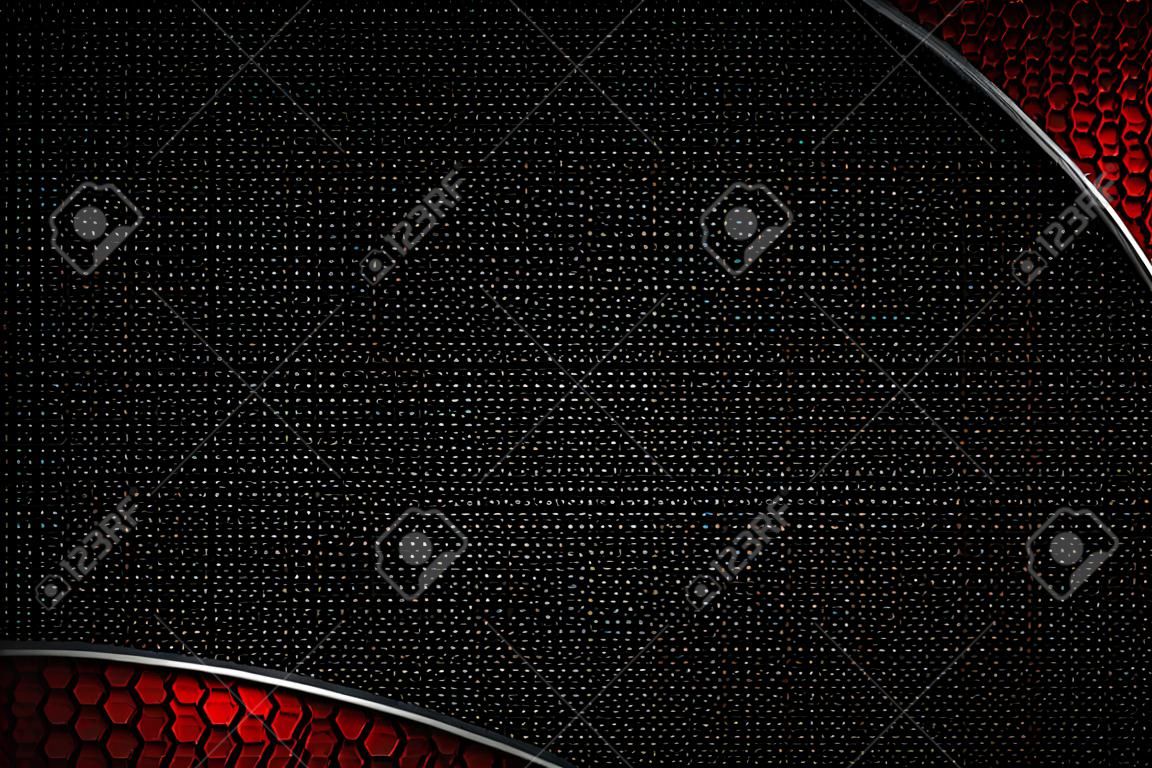 赤い六角形と黒の炭素繊維とクロムフレーム。金属の背景。材料設計。3Dイラスト。