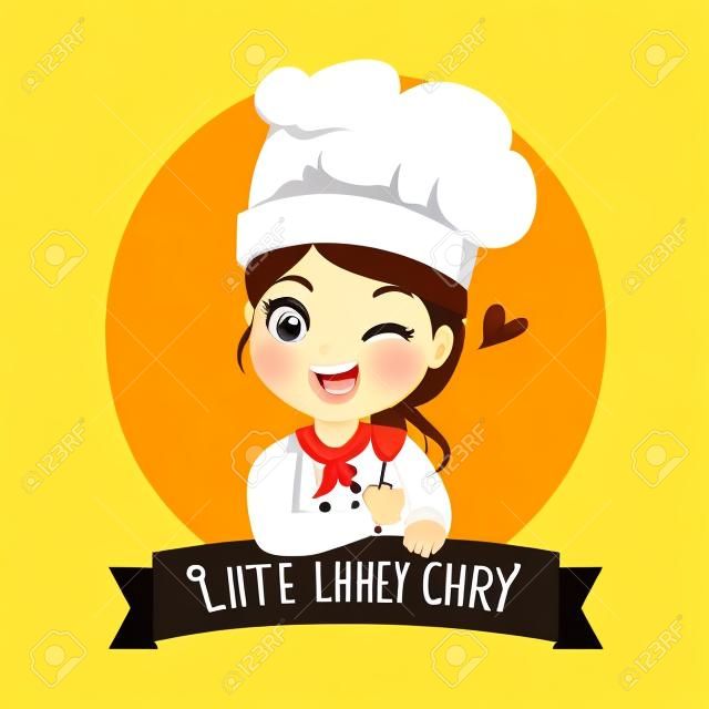 O logotipo da pequena padaria menina chef é feliz, saboroso e doce sorriso.
