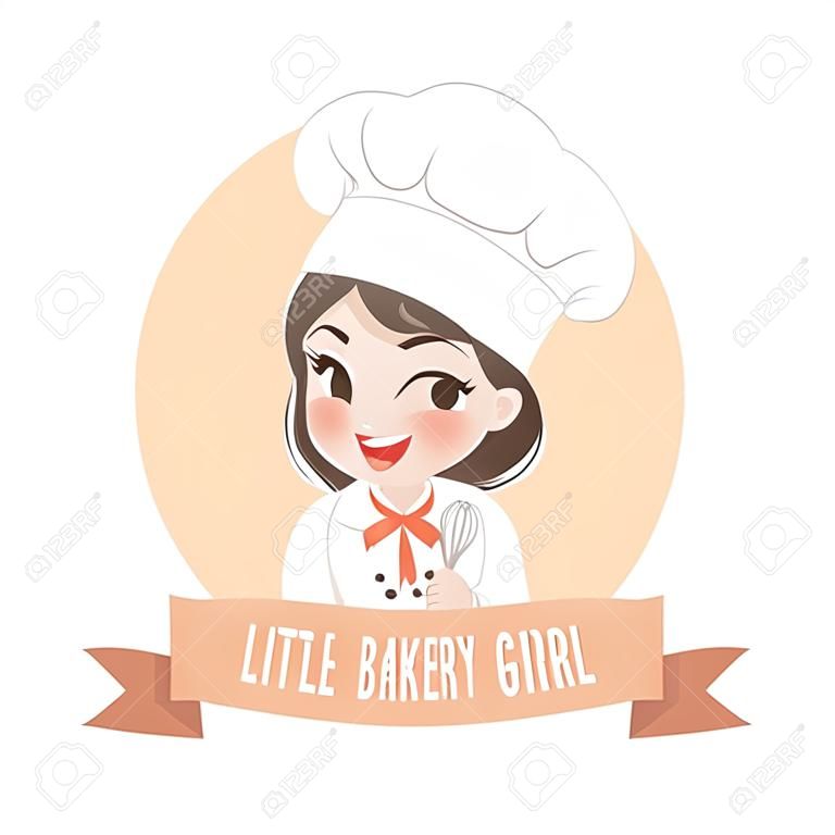 O logotipo da pequena padaria menina chef é feliz, saboroso e doce sorriso.