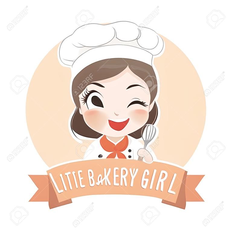 小さなベーカリーの女の子シェフのロゴは幸せで、おいしいと甘い笑顔です。