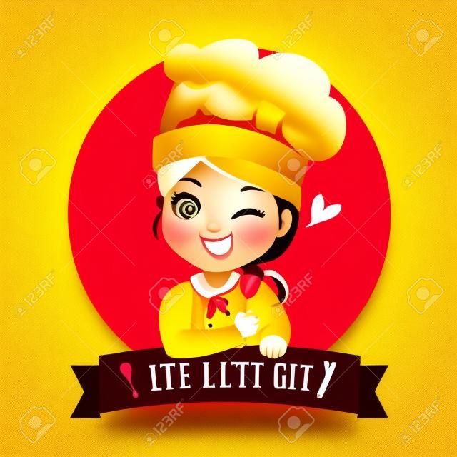 Das Logo des kleinen Bäckermädchenkochs ist ein glückliches, leckeres und süßes Lächeln.