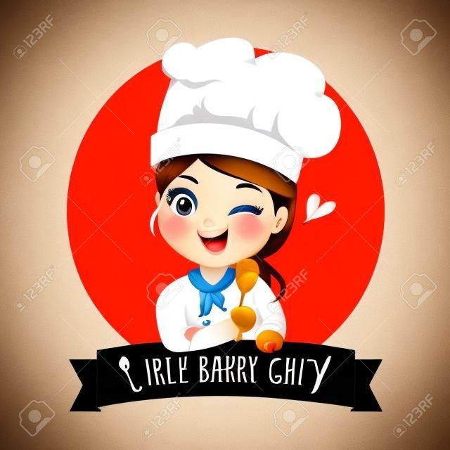 Het logo van de kleine bakker meisje chef-kok is gelukkig, smaakvol en lief glimlachen.