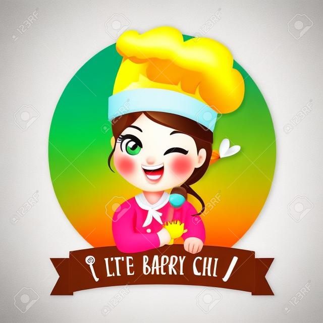 작은 빵집 소녀 요리사의 로고는 행복하고 맛있고 달콤한 미소입니다.