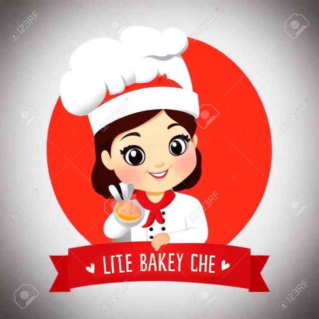 작은 빵집 소녀 요리사의 로고는 행복하고 맛있고 달콤한 미소입니다.