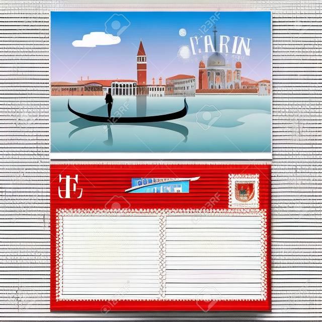Italien, Vektor-Postkarte Venedig-Design mit Gondel und Gondoliere in Venedig-Kanal. Illustration, Nicht-Standard-Mailing-Postkarte mit Exemplar, Post Stempel und Grüße von Venedig Zeichen