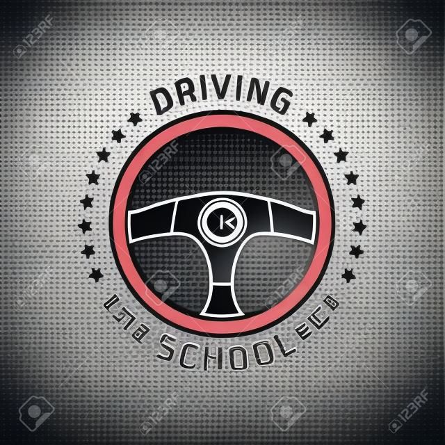 Driving license school vector logo, sign, emblem. Steering wheel graphic design element. Driving lessons concept illustration
