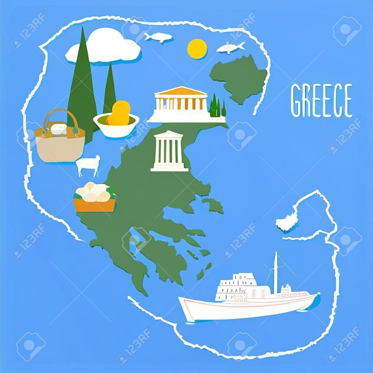Karte von Griechenland mit Inseln Vektor-Illustration, Gestaltungselement. Icons mit griechischen Wahrzeichen.