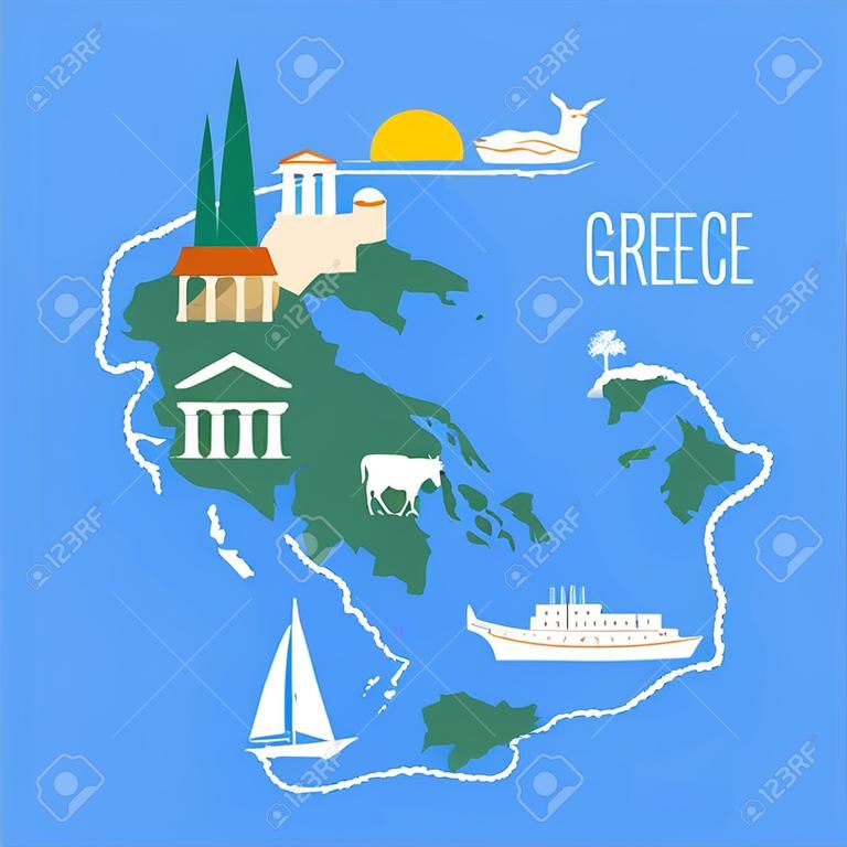 La mappa della Grecia con le isole vector l'illustrazione, elemento di progettazione. Icone con punti di riferimento greci.