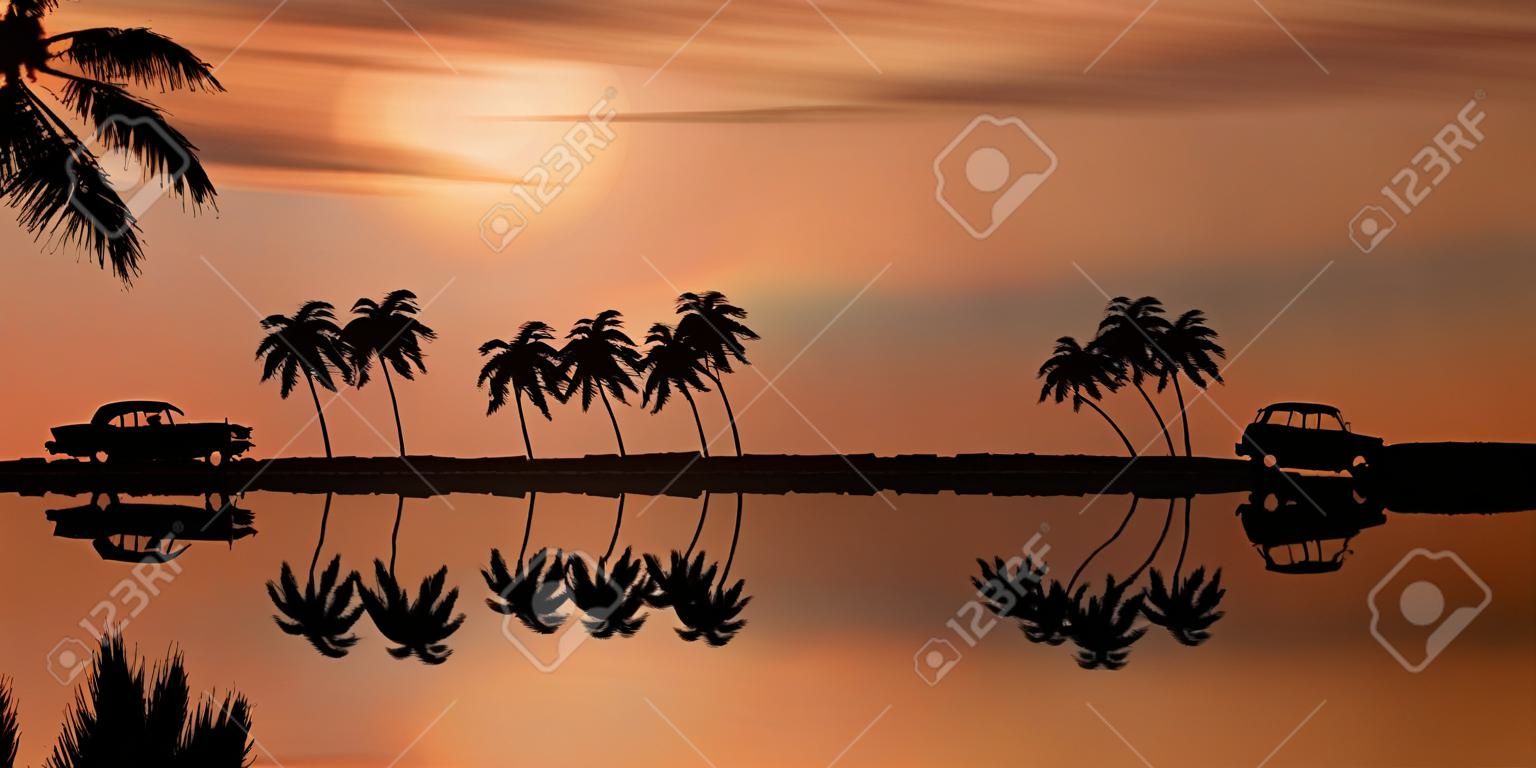 Fond vectoriel horizontal avec palmier et voiture au coucher du soleil sur la plage. Illustration graphique pour le concept de vacances d'été romantique