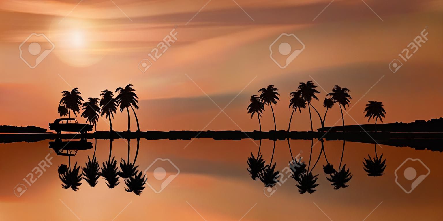 Horizontal vector background with palm tree and car at sunset on the beach. Graphic illustration for romantic summer vacation concept